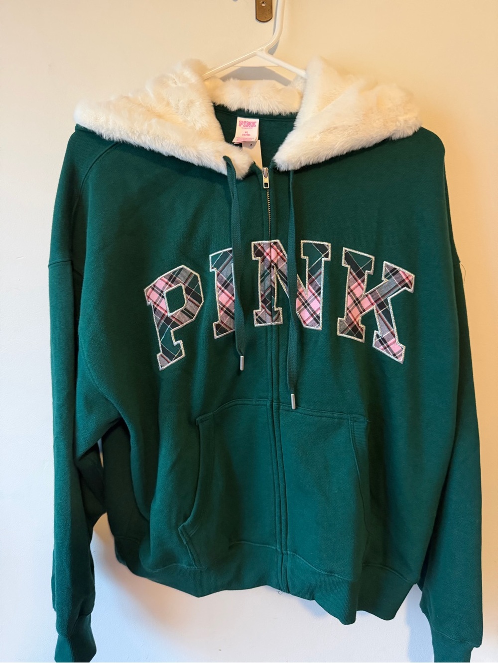 PINK Victoria’s Secret Green Plaid Pink Fur Full Zip Hoodie M NWT